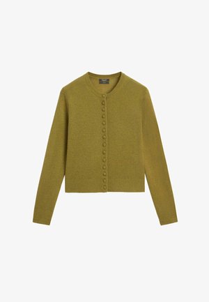 Cardigan verde oliva con bottoni, collo rotondo e maniche lunghe, caratterizzato da un tessuto lavorato a maglia testurizzato e bottoni allineati verticalmente.