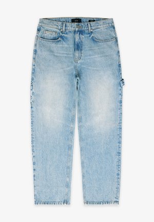 Lichtblauwe denim jeans met vervaagde voorkant, vijf zakken, riemlussen, knoop- en ritssluiting en een zijlusdetail aan het rechterbeen.