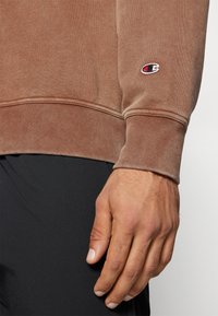Felpa marrone con polsini a costine, caratterizzata da un piccolo logo ricamato sulla manica. Il materiale sembra morbido con una superficie texture.