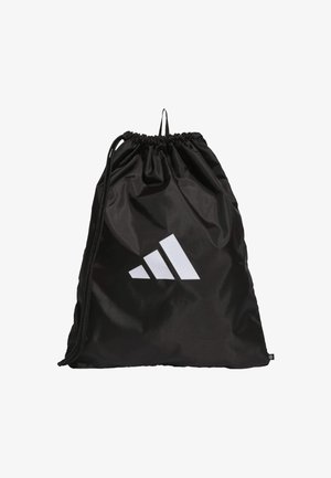 Black drawstring bag made of shiny nylon, featuring a prominent white Adidas logo on the front and a cinch closure at the top.