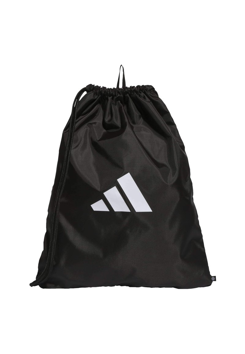 Black drawstring bag made of shiny nylon, featuring a prominent white Adidas logo on the front and a cinch closure at the top.