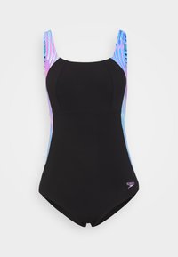 Maillot de bain une pièce noir avec des motifs abstraits colorés sur les bretelles, caractérisé par un décolleté arrondi et un logo en bas à droite.