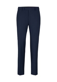 Marineblaue Anzughose mit geradem Schnitt, Bund und ohne sichtbare Taschen. Hergestellt aus einem strukturierten Stoff mit glatter Oberfläche.
