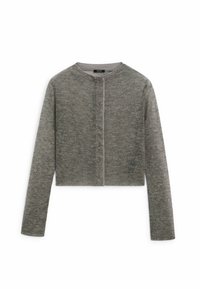 Harmaa lyhyt villatakki, jossa on pitkät hihat ja pyöreä kaula-aukko, ja etupuolella nappirivi sulkemista varten.