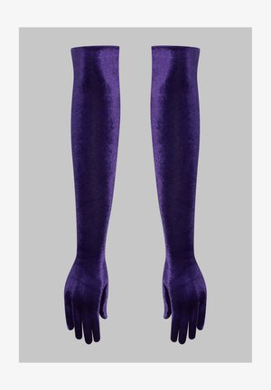 Paire de longs gants en velours violet s'étendant au-delà du coude, présentés à plat sur un fond gris.