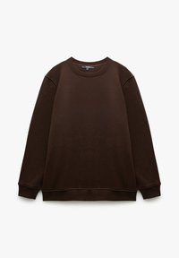 Brązowy sweatshirt z miękkiego materiału, okrągłym dekoltem, ściągaczami przy rękawach i dole. Ma luźny krój i gładką teksturę.