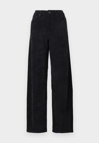 Czarne spodnie z szerokimi nogawkami z korduroju o teksturowanej tkaninie, z wysokim stanem, dwiema przednimi kieszeniami i czystym, minimalistycznym wzornictwem.