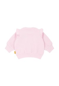 Pink textured sweatshirt with long sleeves and ruffle detail on shoulders. Features a ribbed hem and cuffs. Tag visible on the side.