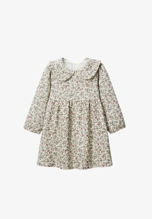 Robe à manches longues avec une base blanche, ornée d'un motif floral en rose et vert. Col rond et jupe froncée en tissu texturé.