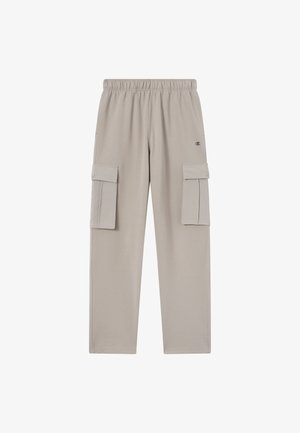 Jasnoszare spodnie cargo z elastycznym pasem, dwoma bocznymi kieszeniami cargo i małym logo. Wykonane z miękkiego, oddychającego materiału.