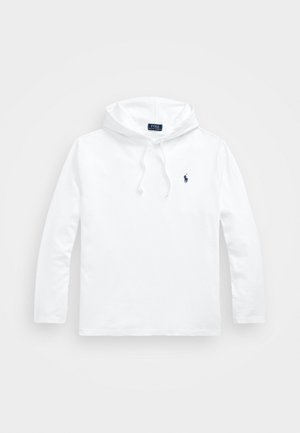 Biała bluza z kapturem i długim rękawem, ze sznurkami oraz małym, ciemnoniebieskim logo Polo Ralph Lauren na lewej piersi.