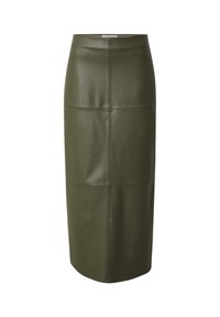 Olivengroene leren midirok met een aansluitende silhouet, voorzien van een paneelontwerp en een gladde textuur. Geen zichtbare sluitingen of accenten.