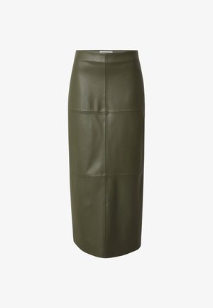 Olivgrüner Leder-Midi-Rock mit enganliegender Silhouette, der ein Paneel-Design und eine glatte Textur aufweist. Keine sichtbaren Verschlüsse oder Akzente.