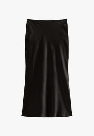 Svart satin midikjol med en mjuk textur, rak skärning och elastisk midja. Inga synliga mönster eller accenter.