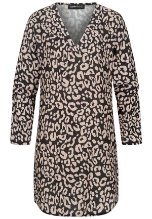 Black tunic dress with a V-neck, featuring a pink leopard print pattern and long sleeves. Soft, textured fabric, and rounded hemline.