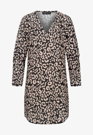 Zwart tuniekjurk met een V-hals, voorzien van een roze luipaardprint en lange mouwen. Zachte, gestructureerde stof en afgeronde zoom.