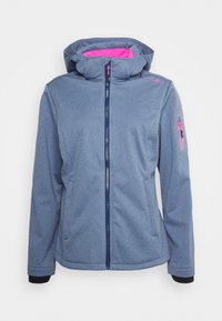 Blaue Fleecejacke mit rosa gefütterter Kapuze, Frontreißverschluss und Seitentaschen. Verfügt über eine Reißverschlusstasche am linken Arm und elastische Bündchen.