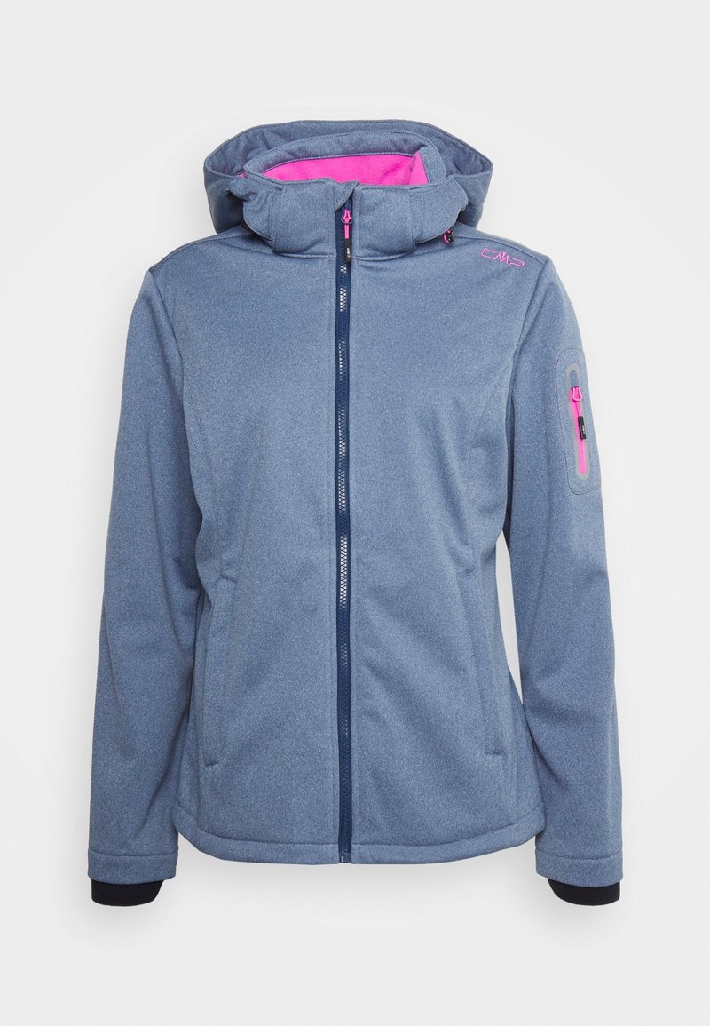 Blaue Fleecejacke mit rosa gefütterter Kapuze, Frontreißverschluss und Seitentaschen. Verfügt über eine Reißverschlusstasche am linken Arm und elastische Bündchen.