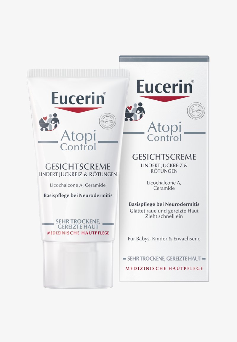Eucerin Atopi Control face cream tube and box with text in German, for very dry, irritated skin and neurodermatitis care.