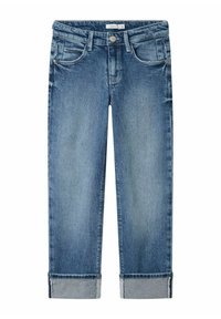 Blå denimjeans med en urtvättad finish, femficksdesign, uppvikta muddar och en klassisk knäppning i midjan.