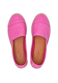 Růžové kožené espadrilky s prošívanými okraji. Hladký povrch, kulatá špička a měkká vnitřní podšívka. Logo vytištěné na stélce.