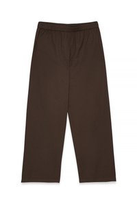 Rjave široke hlače z elastičnim pasom. Narejene iz gladkega materiala, z ravnim krojem in brez vidnih žepov ali okraskov.