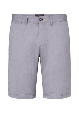 Graue Shorts aus strukturiertem Stoff, mit Knopfverschluss und einer einzelnen Vordertasche, mit geraden Beinen.