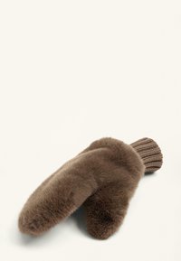 Bruine wanten van namaakbont met geribbelde gebreide manchetten, met een zachte textuur en een afgeronde vorm, die warmte en comfort verbeteren.