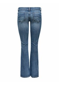 Jean flare en denim bleu moyen. Comprend cinq poches, des détails de couture et une taille mi-haute. Le tissu est doux avec une légère élasticité.