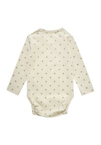 Langärmliger Baby-Bodysuit in Creme mit kleinem braunen Blumenmuster, aus weichem Baumwollmaterial, Rundhalsausschnitt und Druckknöpfen am Boden.