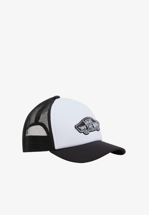 Lastbilshatt med vit framsida, svarta nätkanter och svart skärm. Har en bilgrafik med texten "VANS OFF THE WALL" i vitt och svart.