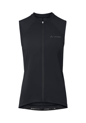 Zwarte mouwloze fietsjersey met rits aan de voorkant, mesh schouderpanelen en Vaude-logo op de linkerborst.