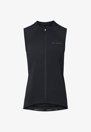 Zwarte mouwloze fietsjersey met rits aan de voorkant, mesh schouderpanelen en Vaude-logo op de linkerborst.