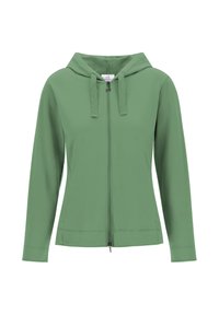 Sudadera verde con cremallera y capucha, hecha de tela lisa, con bolsillos delanteros y cordones ajustables en la capucha.
