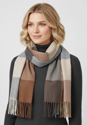 Wool blend scarf featuring large check pattern in beige, gray, and brown with fringed ends, draped around the neck against a black top.