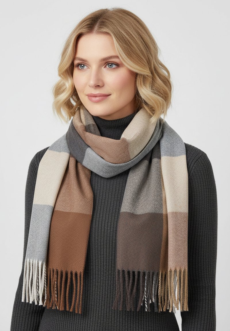 Wollmischungsschal mit großem Karomuster in Beige, Grau und Braun, mit fransigen Enden, um den Hals drapiert über einem schwarzen Oberteil.