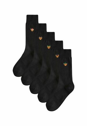 Schwarze Baumwollsocken im Fünferpack, jede Socke mit kleinen gestickten Tiergesichtern und festlichen Accessoires. Glatte Textur.