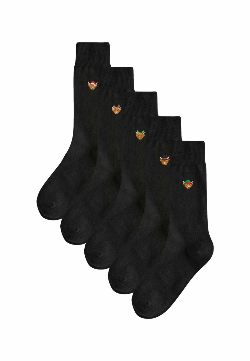 Sosete negre din bumbac, la pachet de cinci, având fețe de animale brodate ușor și accesorii festive pe fiecare sosetă. Textură netedă.