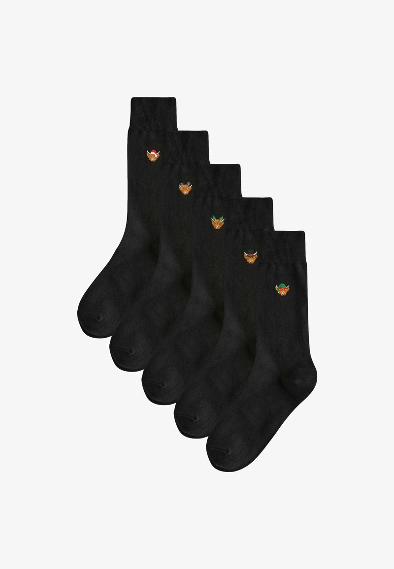 Sosete negre din bumbac, la pachet de cinci, având fețe de animale brodate ușor și accesorii festive pe fiecare sosetă. Textură netedă.