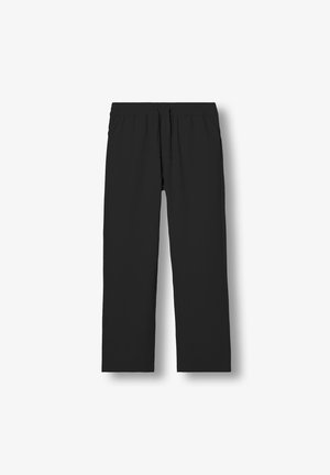 Black straight-leg pants with elastic waistband and drawstring, displayed flat on a white background.