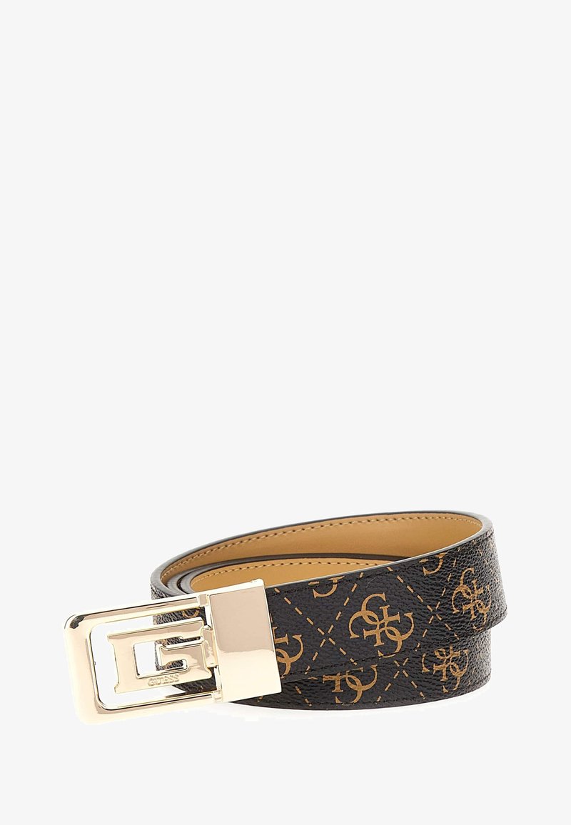 Leather belt featuring a black exterior with a monogram pattern in tan, gold-tone metal buckle, and a smooth tan lining.