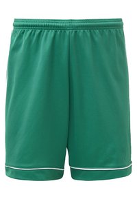 Pantaloni sportivi verdi realizzati in tessuto leggero, con una texture liscia, una vita elastica e rifiniture bianche lungo l'orlo.