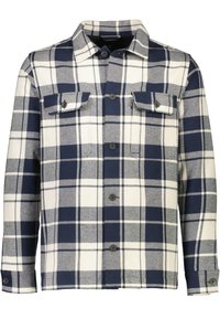Camicia in flanella navy e bianca con un classico motivo a quadri, due tasche sul petto, chiusura con bottoni e colletto.