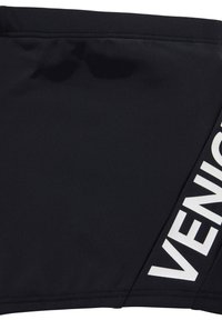 Črne kopalne hlače z gladko teksturo, prilegajočim dizajnom in drznim belim logotipom "VENICE" na eni strani.