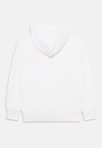 Hoodie blanc en tissu doux, doté d'une capuche et d'une coupe décontractée. Texture lisse avec des poignets et un ourlet côtelés.