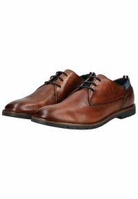 Scarpe di pelle marrone con texture perforata, punta rotonda, lacci neri e suola a profilo basso. Presentano un interno di un blu navale a contrasto.