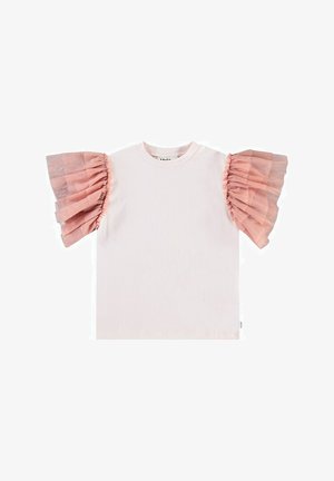 Lyserød T-shirt med puffede, voluminøse ærmer i gennemsigtig lyserød organza og et klassisk crew neck design. Blødt bomuldsstof.