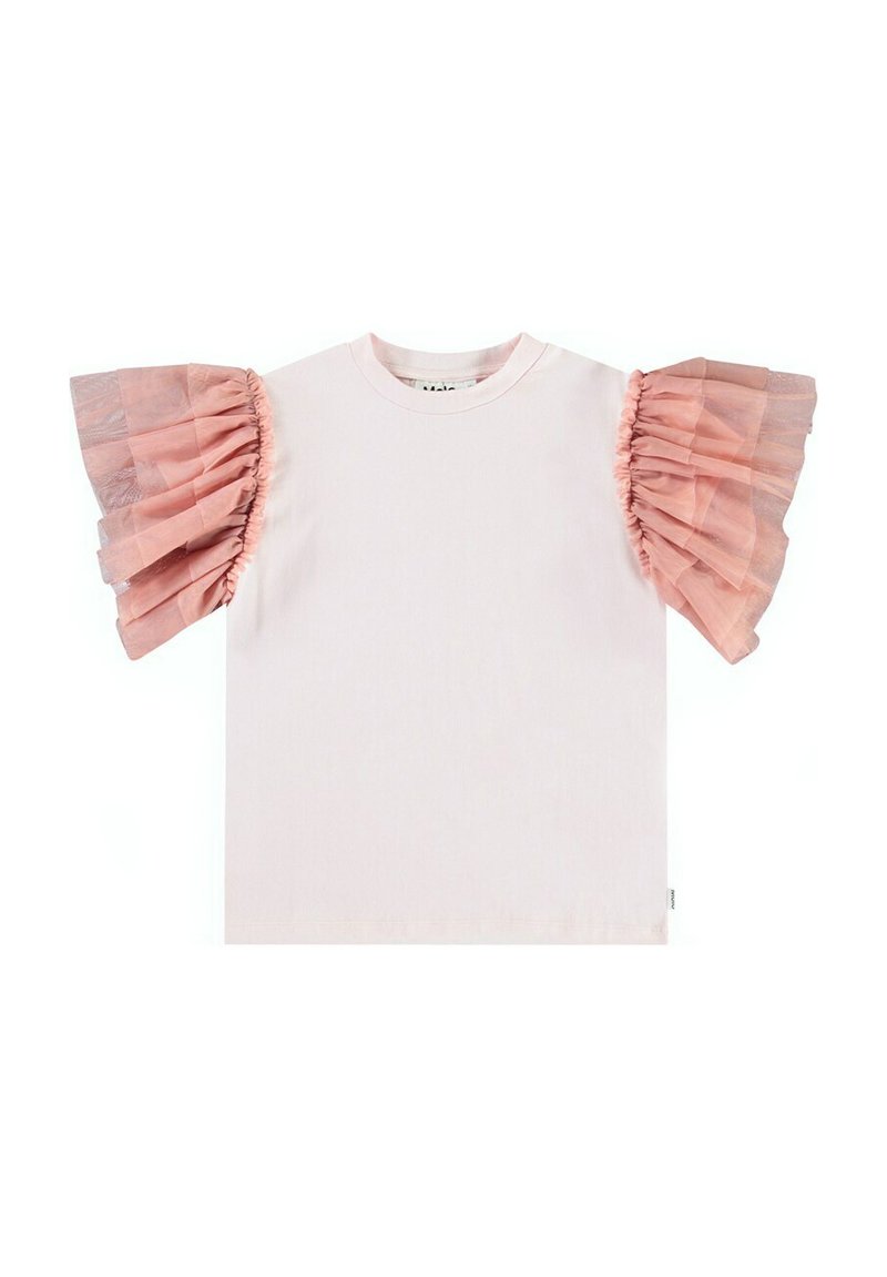 Ljusrosa T-shirt med puffade, volangiga genomskinliga rosa organzaslevar och en klassisk rundhalsad design. Mjuk bomullsmaterial.