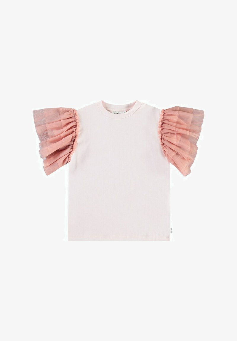 Jasnoróżowa koszulka z bufkami, falbaniastymi przezroczystymi rękawami z różowej organzy oraz klasycznym okrągłym dekoltem. Wykonana z miękkiej bawełny.