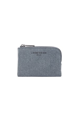 Small gray zippered wallet with diagonal fabric texture and silver zipper pull, "Liebeskind Berlin" logo printed on front center.